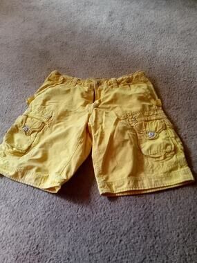Y2K Jet Lag Men's Sanforized Organic Yellow Cargo Shorts 33 Distressed Cotton